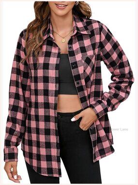 Women's Plaid Button Down Flannel Shirt Oversized Long Sleeve Casual Top